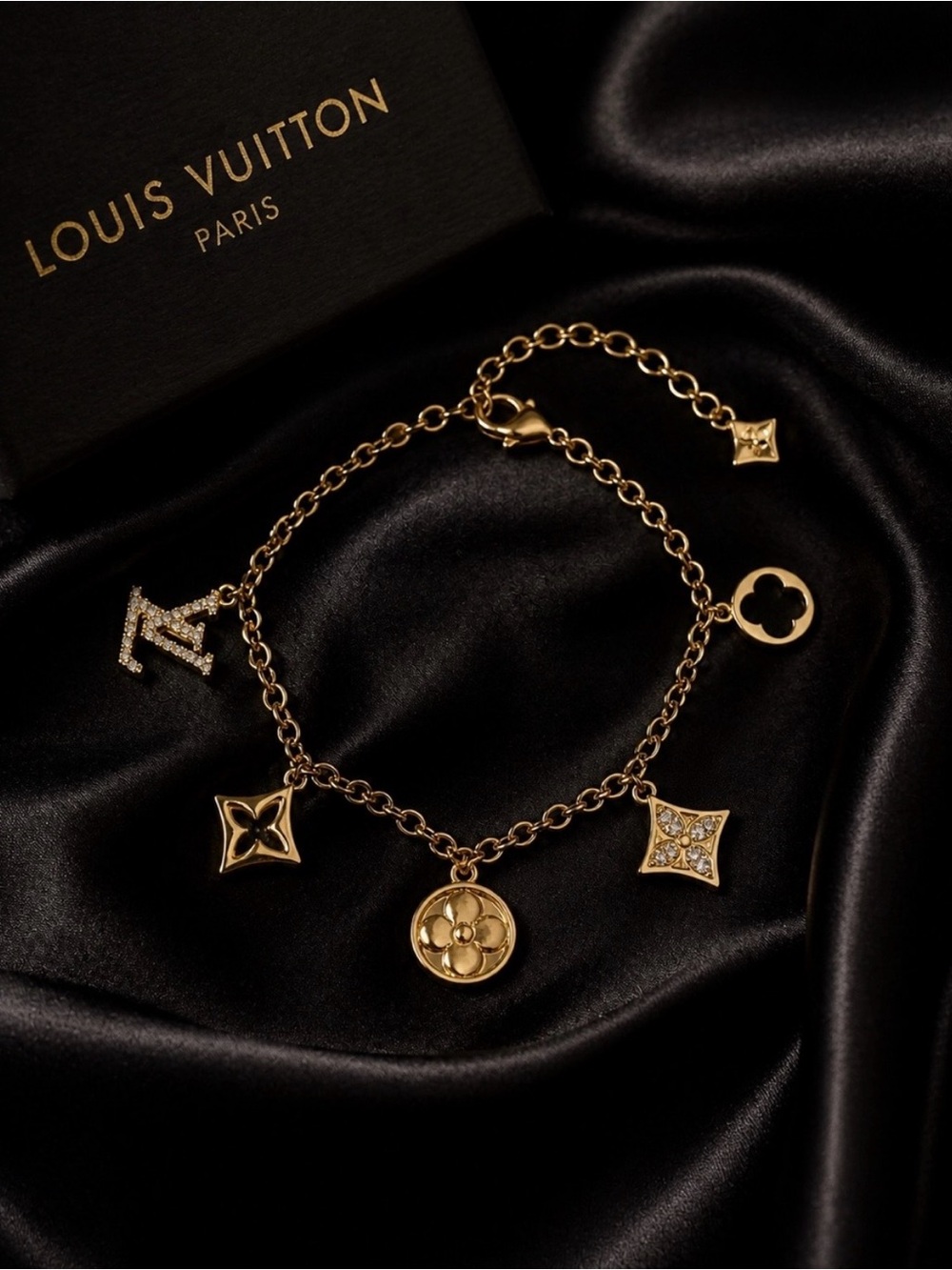 18K Gold LV Charm Bracelet with Crystal Accents